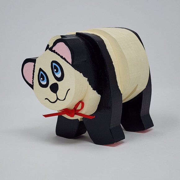 Handmade Wooden Panda Figure Black White Red Bow Cute Face 4.75" Tall - Picture 2 of 10